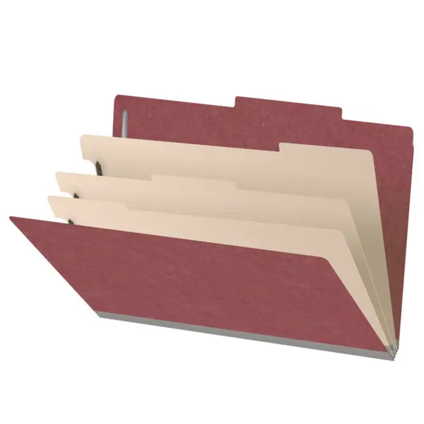 Dark red legal size top tab three divider classification folder with 3" russet brown tyvek expansion, with 2" bonded fasteners on inside front and inside back and 1" duo fastener on dividers, 25 pt type 3 pressboard stock covers and 18 pt manila dividers, Packaged 10/50
