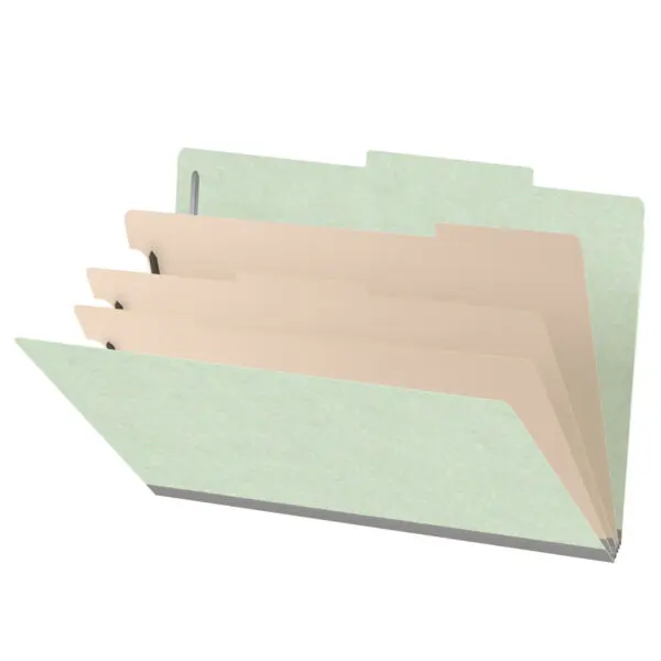 Pale green legal size top tab three divider classification folder with 3" gray tyvek expansion, with 2" bonded fasteners on inside front and inside back and 1" duo fastener on dividers, 25 pt type 3 pressboard stock covers and 18 pt manila dividers, Packaged 10/50