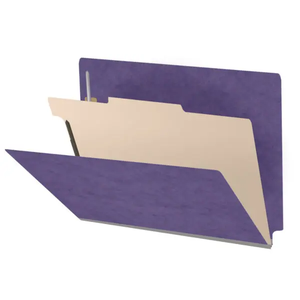 Purple letter size end tab one divider classification folder with 2" gray tyvek expansion, with 2" bonded fasteners on inside front and inside back and 1" duo fastener on divider, 25 pt type 3 pressboard stock covers and 18 pt manila divider, Packaged 10/50