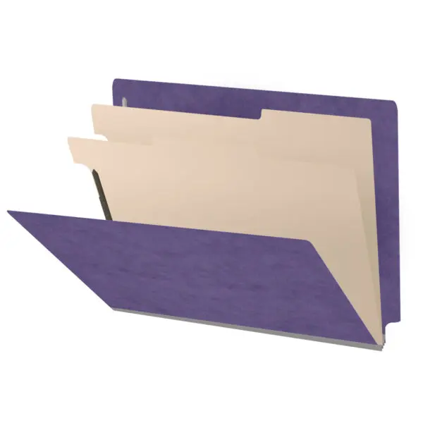 Purple letter size end tab two divider classification folder with 2" gray tyvek expansion, with 2" bonded fasteners on inside front and inside back and 1" duo fastener on dividers, 25 pt type 3 pressboard stock covers and 18 pt manila dividers, Packaged 10/50