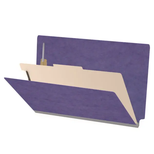 Purple legal size end tab one divider classification folder with 2" gray tyvek expansion, with 2" bonded fasteners on inside front and inside back and 1" duo fastener on divider, 25 pt type 3 pressboard stock covers and 18 pt manila divider, Packaged 10/50