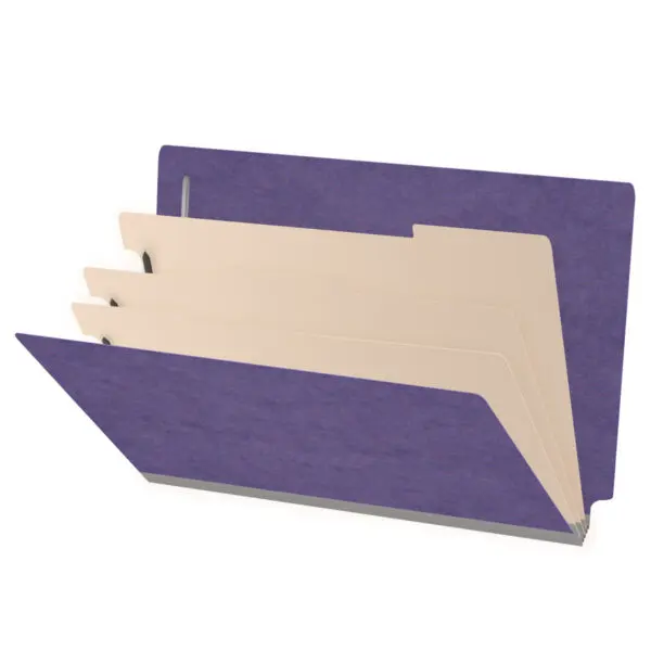 Purple legal size end tab three divider classification folder with 3" gray tyvek expansion, with 2" bonded fasteners on inside front and inside back and 1" duo fastener on dividers, 25 pt type 3 pressboard stock covers and 18 pt manila dividers, Packaged 10/50