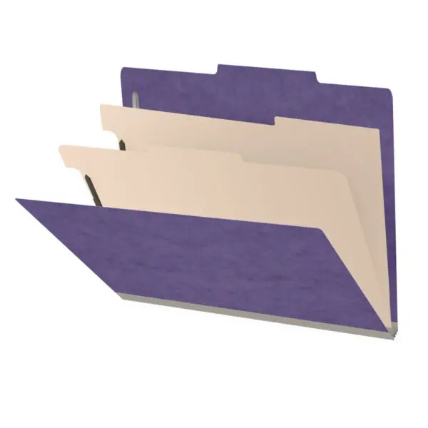 Purple letter size top tab two divider classification folder with 2" gray tyvek expansion, with 2" bonded fasteners on inside front and inside back and 1" duo fastener on dividers, 25 pt type 3 pressboard stock covers and 18 pt manila dividers, Packaged 10/50