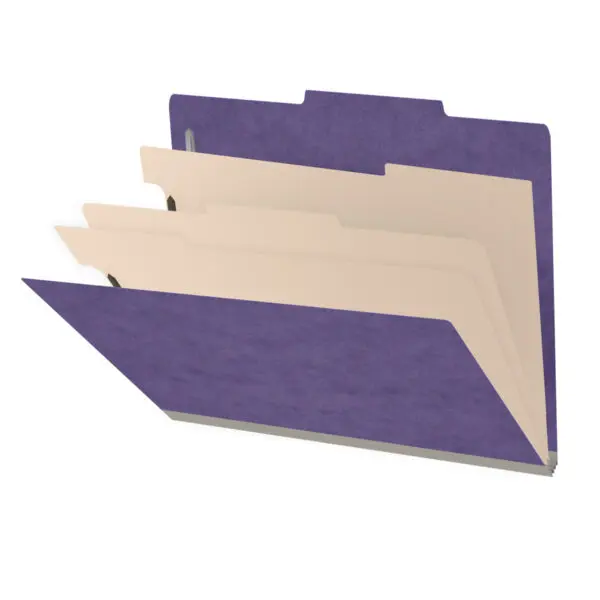 Purple letter size top tab three divider classification folder with 3" gray tyvek expansion, with 2" bonded fasteners on inside front and inside back and 1" duo fastener on dividers, 25 pt type 3 pressboard stock covers and 18 pt manila dividers, Packaged 10/50