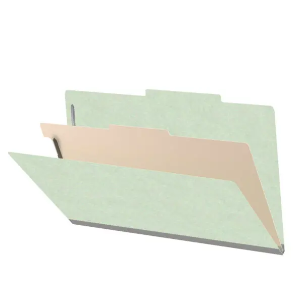 Pale green legal size top tab one divider classification folder with 2" dark green tyvek expansion, with 2" bonded fasteners on inside front and inside back and 1" duo fastener on divider, 25 pt type 3 pressboard stock covers and 18 pt manila divider, Packaged 10/50