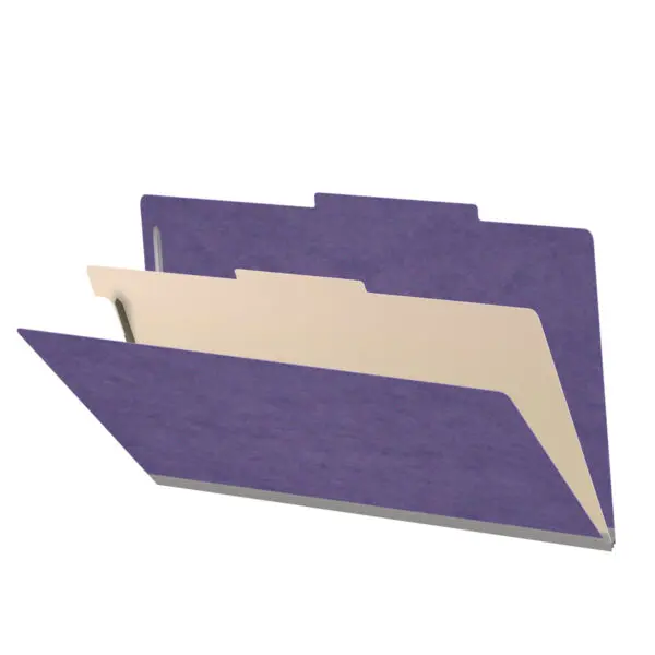 Purple legal size top tab one divider classification folder with 2" dark green tyvek expansion, with 2" bonded fasteners on inside front and inside back and 1" duo fastener on divider, 25 pt type 3 pressboard stock covers and 18 pt manila divider, Packaged 10/50