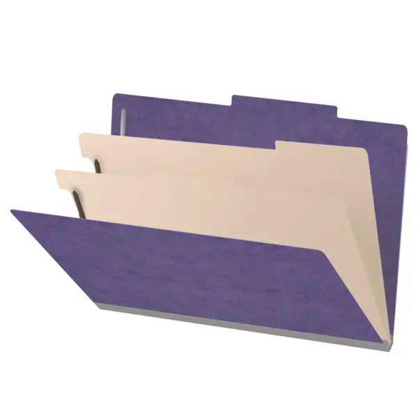 Purple legal size top tab two divider classification folder with 2" gray tyvek expansion, with 2" bonded fasteners on inside front and inside back and 1" duo fastener on dividers, 25 pt type 3 pressboard stock covers and 18 pt manila dividers, Packaged 10/50