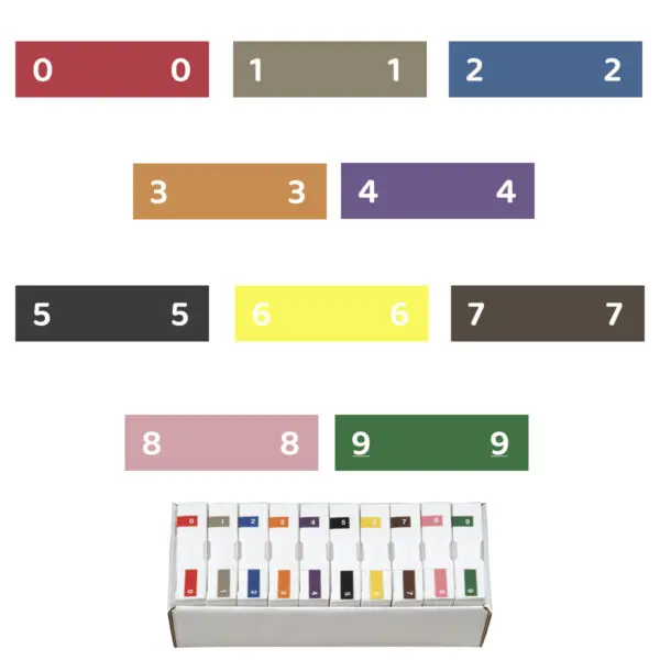 Multiple Colors Ames Compatible Numeric Labels of size 1/2" X 1-3/4" with Individual Number "0-9", Laminated Stock, Packaged in 10 Rolls of 1000