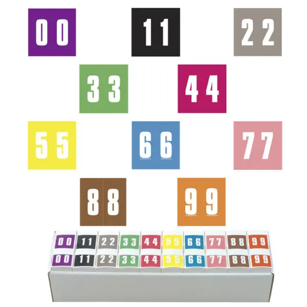 Multiple Colors IFC/AFV 2300 Compatible Numeric Labels of size 1-7/8" x 1-7/8" with Individual Number "0-9", Laminated Stock, Packaged in 10 Rolls of 500