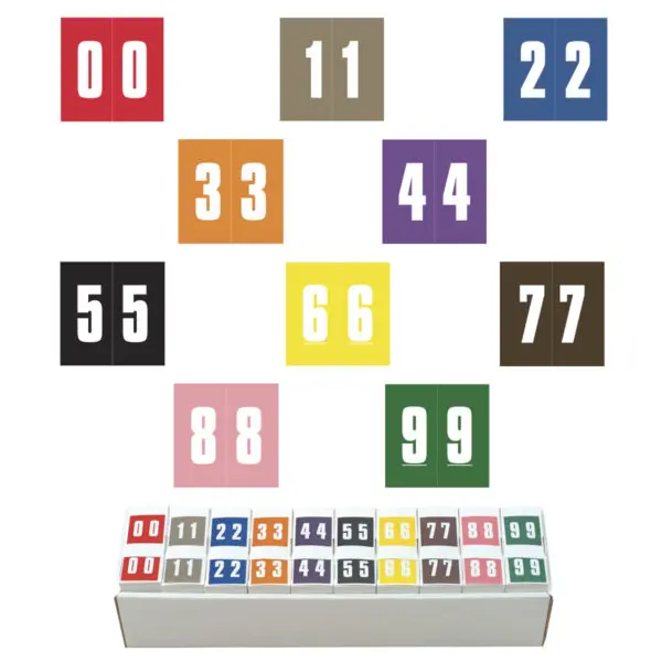 Multiple Colors Ames Compatible Numeric Labels of size 1-7/8" x 1-7/8" with Individual Number "0-9", Laminated Stock, Packaged in 10 Rolls of 500