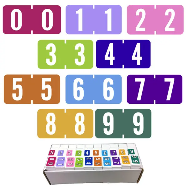 Multiple Color Amerifile Compatible Numeric Labels of size 1/2" X 1" with Individual Number "0-9", Vinyl Stock, Packaged in 10 Rolls of 500