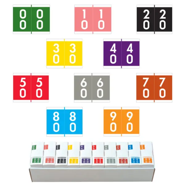 Multiple Colors DAVM Compatible Double Digit Labels of size 1-3/16" X 1-1/2" with Individual Number "0-9", laminated Stock, Packaged in 10 Rolls of 500