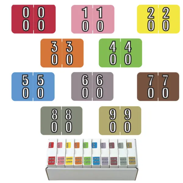 Multiple Color Barkley DBKM Compatible Double Digit Numerical Labels of size 1-1/2" X 1" with Individual Number "00-90", Laminated Stock, Packaged in 10 Rolls of 500
