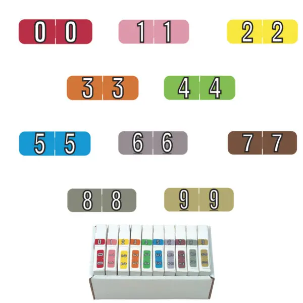 Multiple Color Barkley NBAM Compatible Mini Numeric Labels of size 1/2" X 1-1/2" with Individual Number "0-9", Laminated Stock, Packaged in 10 Rolls of 500