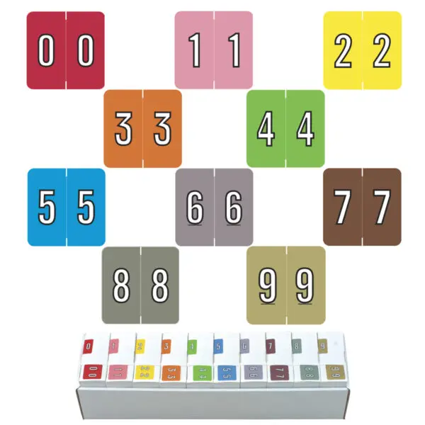 Multiple Colors Barkley FNBRM Compatible Numerical Labels of size 1-1/2" X 1-1/2" with Individual Number "0-9", Laminated Stock, Packaged in 10 Rolls of 500