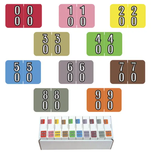 Multiple Colors Barkley BXDM Compatible Double Digit Labels of size 1" X 1-1/2" with Individual Number "00-90", Laminated Stock, Packaged in 10 Rolls of 500