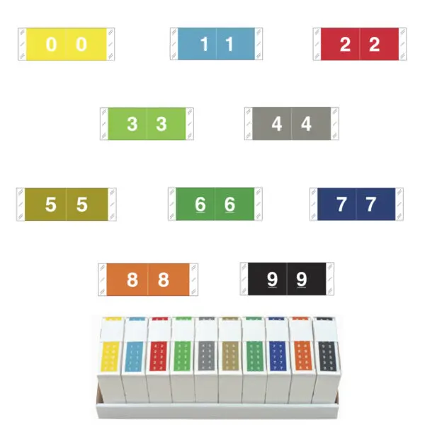Multiple Color Tabbies 11850 Compatible Numerical Labels of size 1/2" X 1-1/2" with Individual Number "0-9", Laminated Stock, Packaged in 10 Rolls of 500