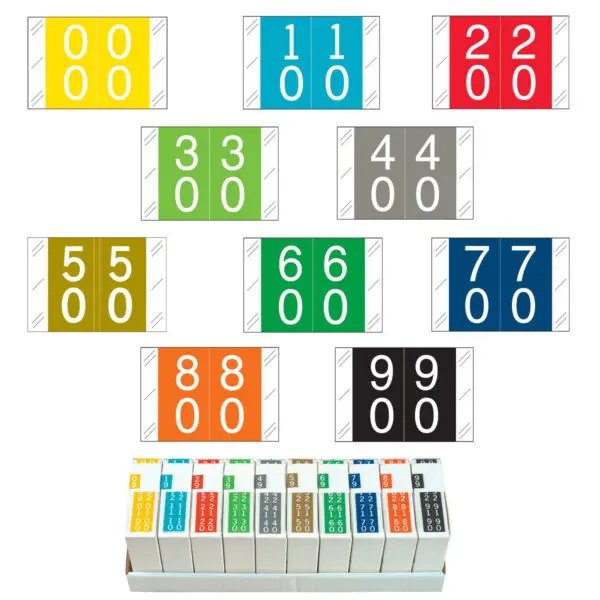 Multiple Color Col'R'Tab Compatible Numerical Labels of size 1" X 1-1/2" with Individual Number "00" through "99", Laminated Stock, Packaged in 10 Rolls of 500