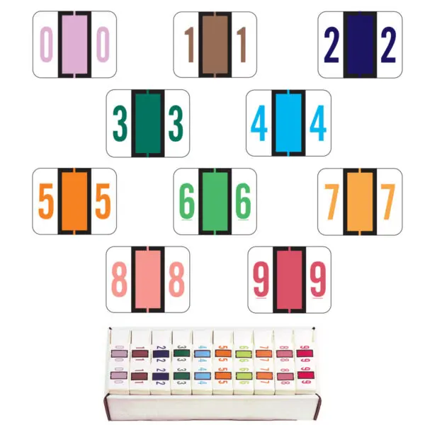 Multiple Color File Doctor Compatible Numerical Labels of size 1" X 1-1/4" with Individual Number "0-9", Laminated Stock, Packaged in 10 Rolls of 500