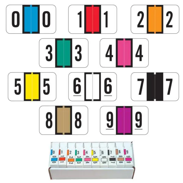 Multiple Color Jeter 0300 Compatible Numerical Labels of size 15/16" X 1-5/8" with Individual Number "0-9", Laminated Stock, Packaged in 10 Rolls of 500