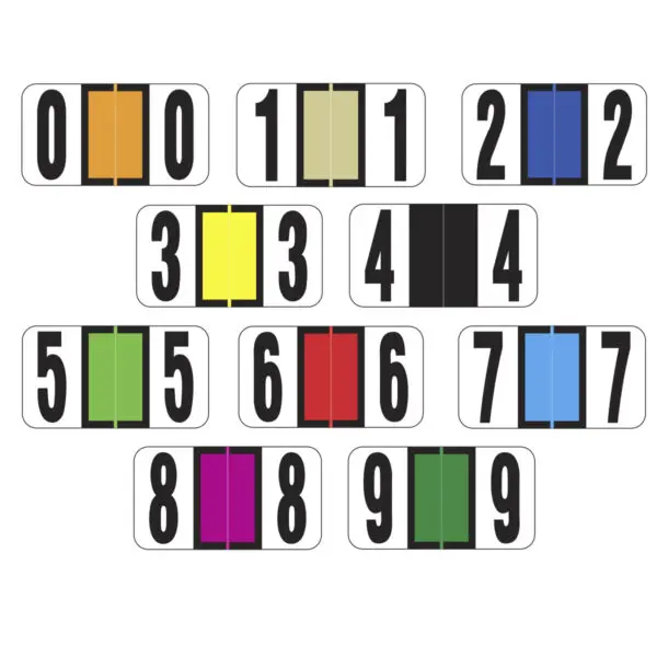 Multiple Color Reynolds & Reynolds Compatible Alternate Numeric Labels of size 7/8" X 1-5/8" with Individual Number "0-9", Laminated Stock, Packaged in 10 Rolls of 500