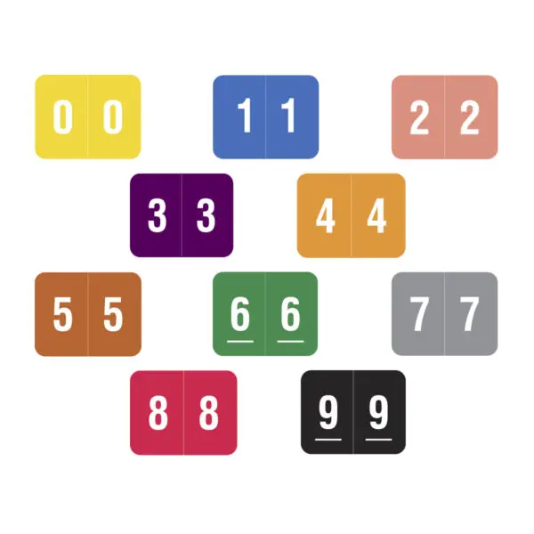 Multiple Colors Smead DCCRN Compatible Numeric Labels of size 1-1/4" x 1" with Individual Number "0-9", Laminated Stock, Packaged in 10 Rolls of 500
