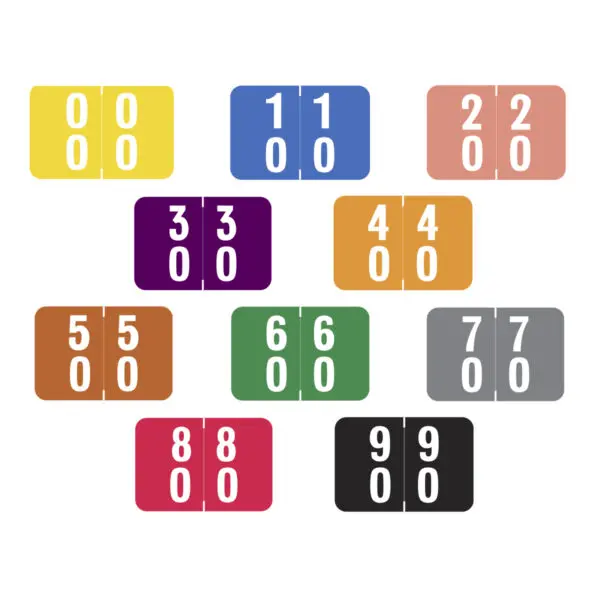 Multiple Color Smead DDS Compatible Double Digit Numeric Labels of size 1" x 1-1/2" with Individual Number "00-90", Laminated Stock, Packaged in Roll of 500