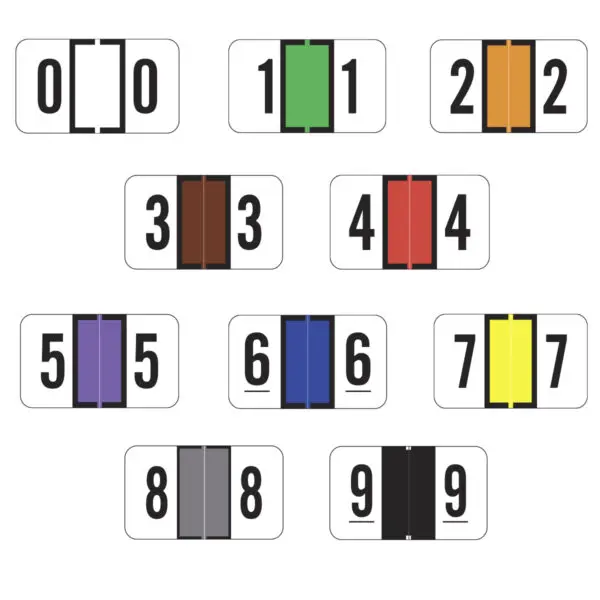 Multiple Color Traco Compatible Numeric Labels of size 15/16" X 1-5/8" with Individual Number "0-9", Laminated Stock, Packaged in Roll of 500