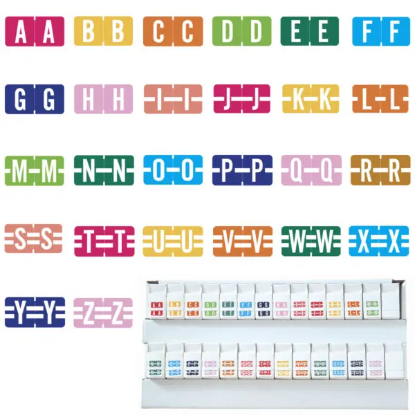 Multiple Color Tab 1278 Compatible Alpha Labels of size 1/2" X 1" with Individual Letter "A-Z", Vinyl Stock, Packaged in 26 Rolls of 500