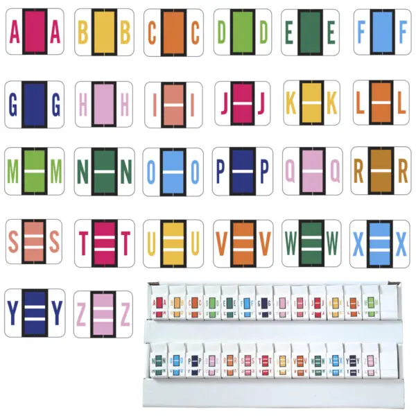 Multiple Color Tab 1283 Compatible Alpha Labels of size 1" X 1-1/4" with Individual Letter "A-Z" set tray without MC, Vinyl Stock, Packaged in 26 Rolls of 500