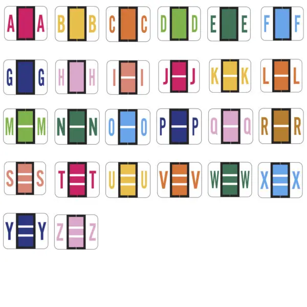 Multiple Color Tab 1286 Compatible Alpha Labels of size 1" X 1-1/4" with Individual Letter "A-Z" set , Vinyl Stock, Packaged in 3100 Labels