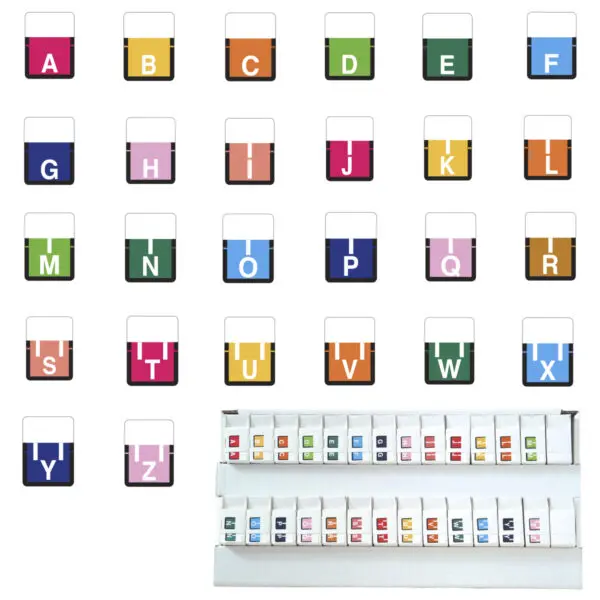 Multiple Color Tab 1307 Compatible Alpha Labels of size 1" X 3/4" with Individual Letter "A-Z", Vinyl Stock, Packaged in 26 Rolls of 500
