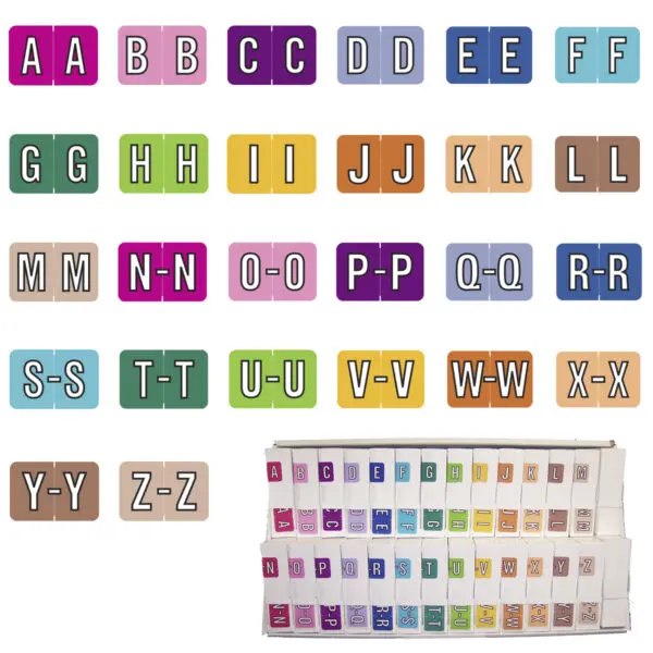 Multiple Color Barkley FACPM Compatible Alpha Labels of size 1" X 1-1/2" with Individual Letter "A-Z", Vinyl Stock, Packaged in 26 Rolls of 500