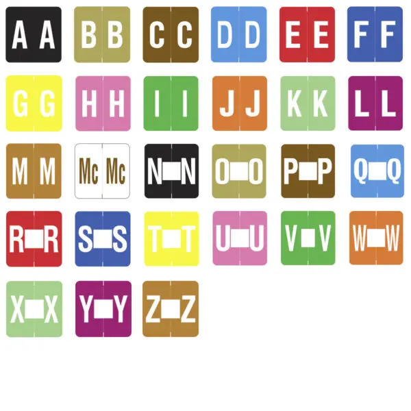 Multiple Color Barkley FADBM Compatible Alpha Labels, Includes Refill Kit A-Z Plus Mc Sheets of size 1-1/2" X 1-1/2" with Individual Letter "A-Z", Vinyl Stock, Packaged in pack of 2,028 labels