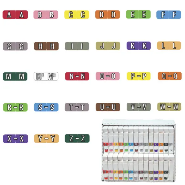 Multiple Color Barkley FABAM Compatible Alpha Labels of size 1/2" X 1-1/2" with Individual Letter "A-Z" plus Mc, Vinyl Stock, Packaged in 27 Rolls of 500