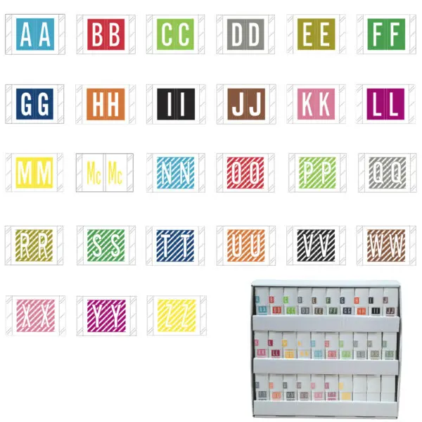 Multiple Color Tabbies 12000 Compatible Alpha Labels of size 1" X 1-1/2" with Individual Letter "A-Z" plus Mc, Laminated Stock Packaged in 27 Rolls Of 500