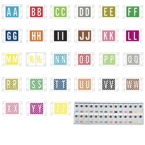 Multiple Color Barkley FASTM Compatible Alpha Labels of size 1" X 1-1/2" with Individual Letter "A-Z" plus Mc, Laminated Stock Packaged in 27 Rolls Of 500
