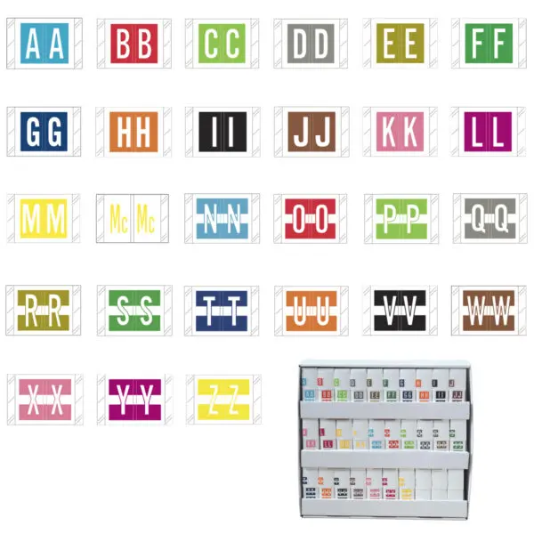 Multiple Color Tabbies 12030 Compatible Alpha Labels of size 1" X 1-1/2" with Individual Letter "A-Z" plus Mc, Laminated Stock Packaged in 27 Rolls Of 500