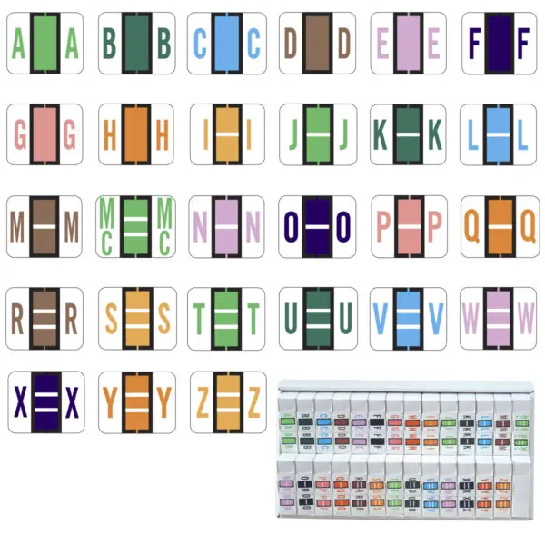 Multiple Color File Doctor Compatible Alpha Labels of size 1" X 1-1/4" with Individual Letter "A-Z" plus Mc, Laminated Stock Packaged in 27 Rolls Of 500