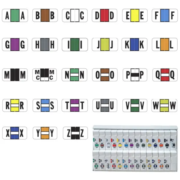 Multiple Color Jeter 2900 Compatible Alpha Labels of size 3/4" X 1-1/2" with Individual Letter "A-Z"plus Mc, Laminated Stock Packaged in 27 Rolls Of 500