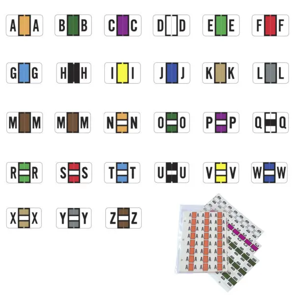 Multiple Color Jeter 5800 Compatible Alpha Ringbook Sheets of size 15/16" X 1-5/8" with Individual Letter Ringbook Refill Kit A-Z Plus Mc, Laminated Stock Packaged in 3,120 labels