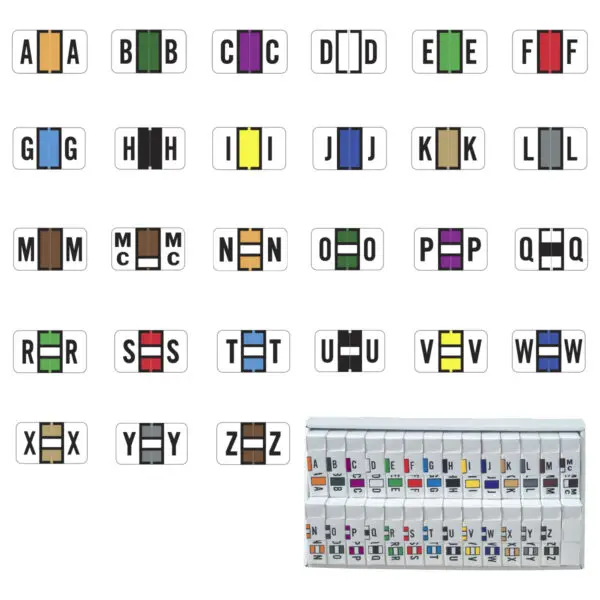 Multiple Color Jeter 7200 Compatible Alpha Labels of size 15/16" X 1-5/8" with Individual Letter "A-Z"plus Mc, Laminated Stock Packaged in 27 Rolls of 500