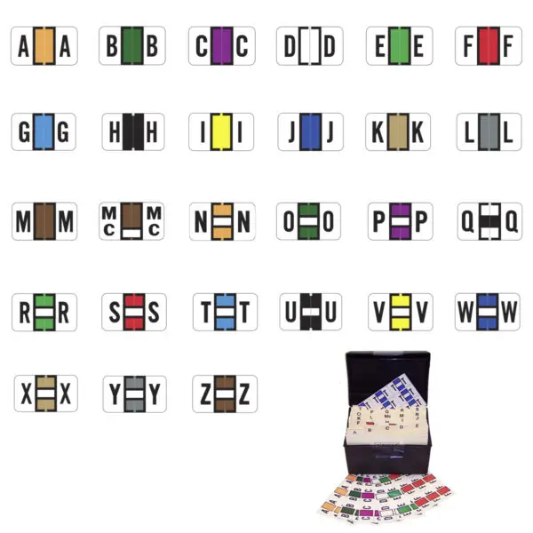 Multiple Color Jeter 7100 Compatible Alpha Labels of size 15/16" X 1-5/8" with Individual Letter "A-Z" Plus Mc Set, Laminated Stock Packaged in 6,075 labels