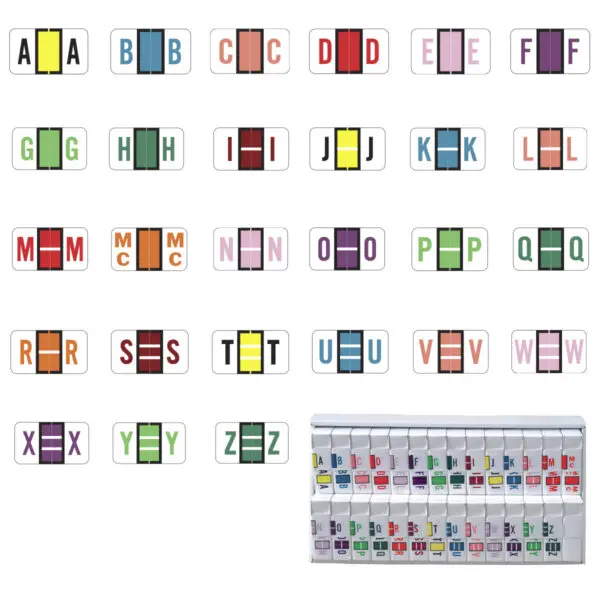 Multiple Color POS 3400 Compatible Alpha Labels of size 15/16" X 1-5/8" with Individual Letter "A-Z" Plus Mc Set, Laminated Stock Packaged in 27 rolls of 500