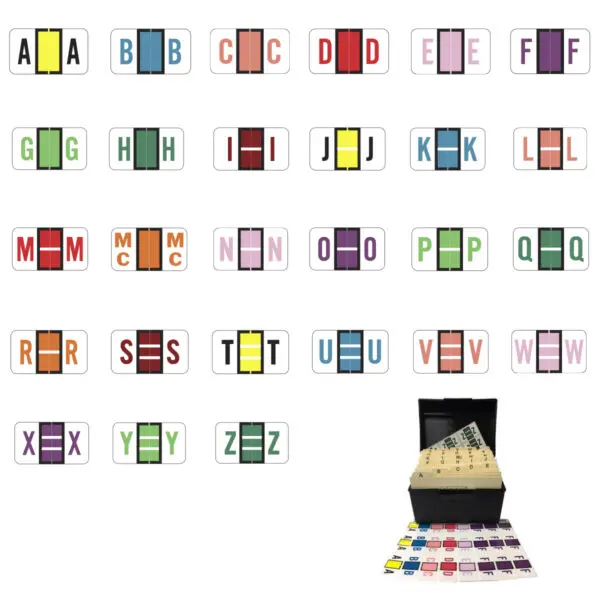 Multiple Color POS Compatible Alpha Labels of size 15/16" X 1-5/8" with Individual Letter "A-Z" plus Mc set, Laminated Stock Packaged in pack of 6,075 labels