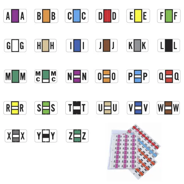 Multiple Color POS Compatible Alpha Ringbook Sheets of size 15/16" X 1-5/8" with Individual Letter "A-Z" plus Mc set, Laminated Stock Packaged in pack of 6,480 labels