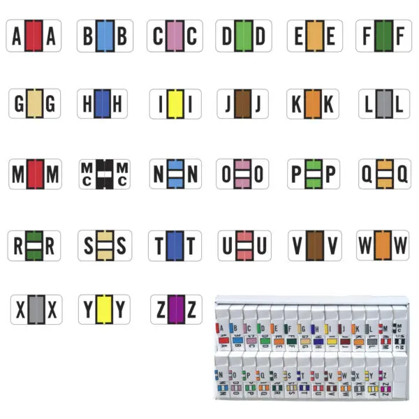 Multiple Color Safeguard 514 Compatible Alpha labels of size 15/16" X 1-5/8" with Individual Letter "A-Z" Plus Mc Set, Laminated Stock Packaged in 27 rolls of 500