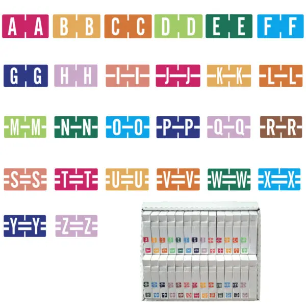 Multiple Color TBAV Compatible Alpha labels of size 1/2" X 1" with Individual Letter "A-Z", Vinyl Stock Packaged in 26 rolls of 500
