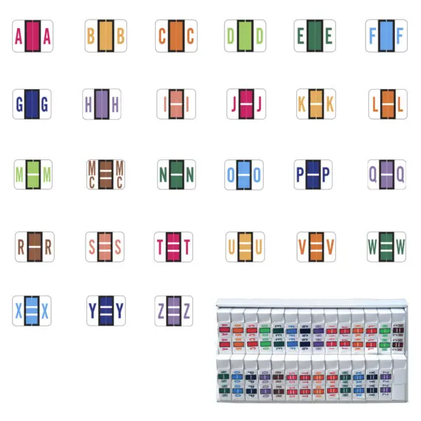 Multiple Color Tab / Smead BCCR Compatible Alpha labels of size 1" X 1-1/4" with "A-Z" Plus Brown Mc Set, Laminated Stock Packaged in 27 rolls of 500