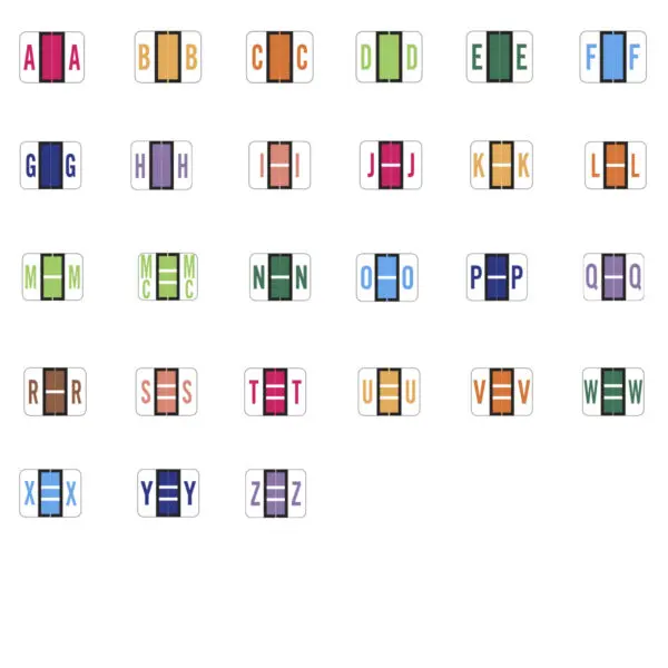 Multiple Color Tab / Smead BCCR Compatible Alpha labels of size 1" X 1-1/4" with "A-Z" Plus Green Mc Set, Laminated Stock Packaged in 27 rolls of 500